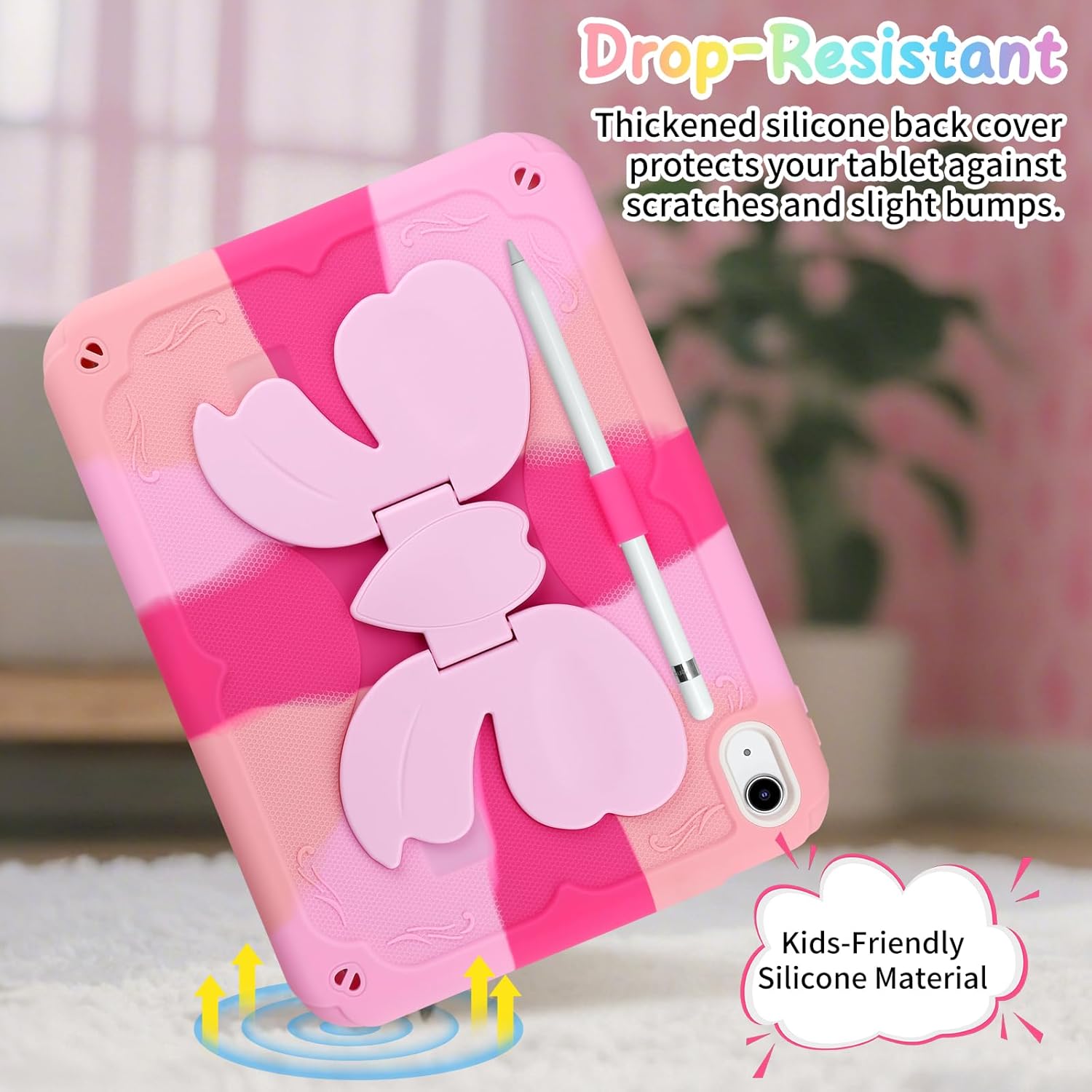 Husa de protectie pentru iPad Gen11, 11inch 2025 A16 si Gen 10, 10,9 inch 2022, cu stand stil fluture, suport pix, margini intarite, curea de umar, carcasa rezistenta la socuri, roz
