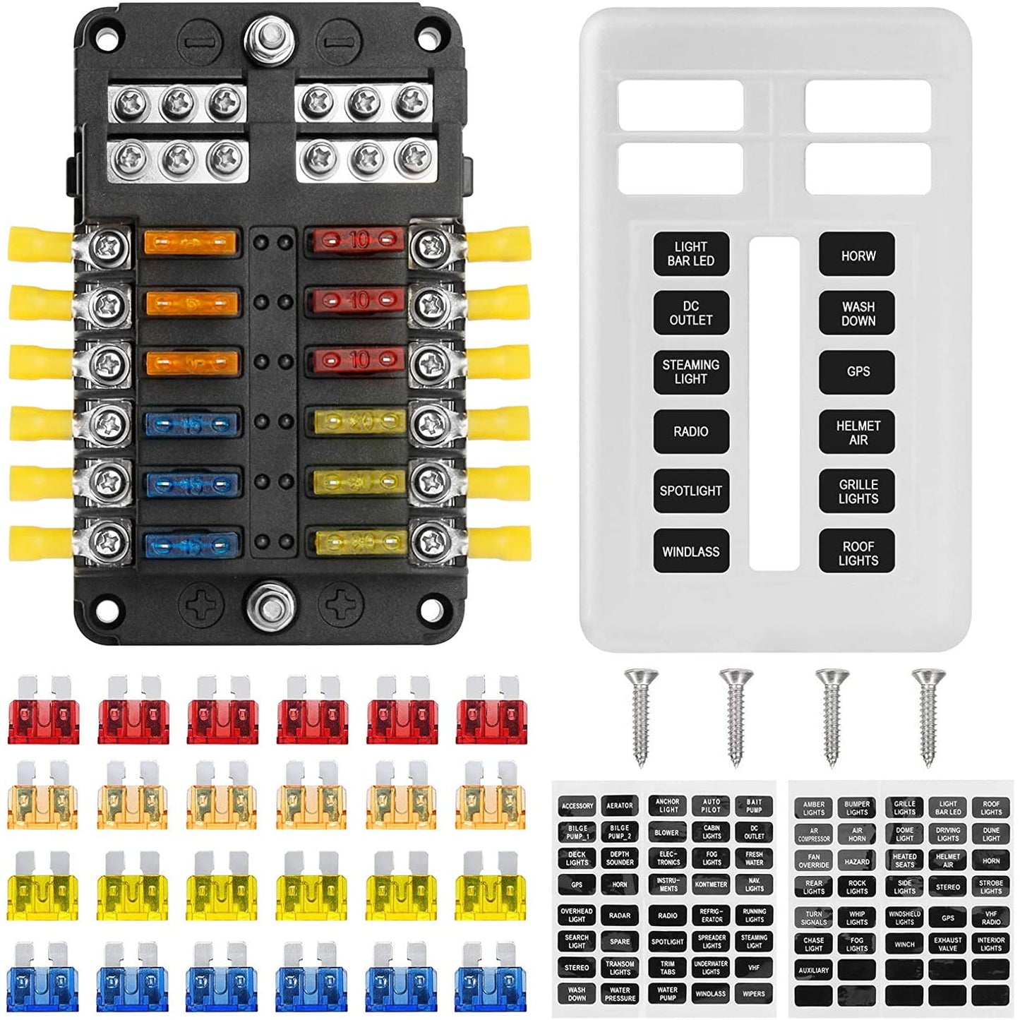Set tablou sigurante auto cu 12 iesiri, cu sigurante 5A 10A 15A 20A cu indicator LED si capac de protectie, pentru masina, barca, autoutilitara, camion