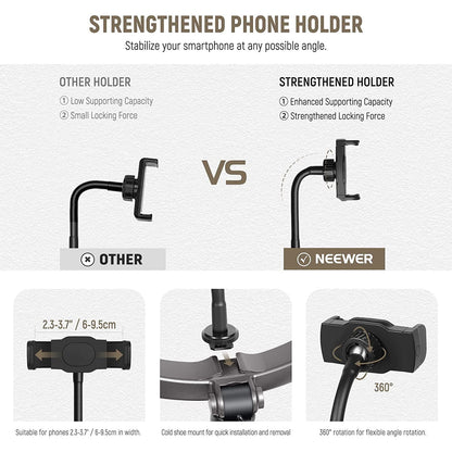 Ring Light LED cu trepied si brat cu menghina,Lampa circulara cu suport smartphone, telecomanda, montura cap tip bila, adaptor de la 5/8" la 3/8" si adaptor de la 1/4" la 5/8", pentru machiaj, vlog, streaming, inregistrare video