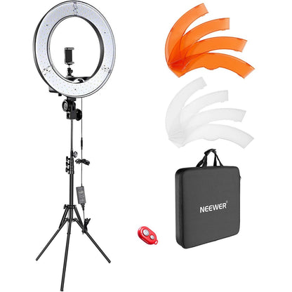 Set lampa circulara LED ring light 18 inch 55W 5500K, dimabil 1-100% cu trepied reglabil, filtre de culoare portocaliu si alb, suport telefon, adaptor cap trepied, telecomanda Bluetooth