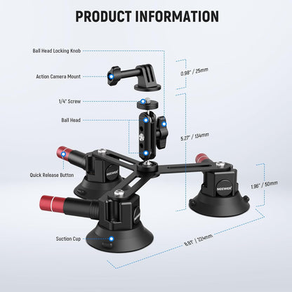 Suport auto cu 3 ventuze pentru camera de actiune si telefon, cu montura cap bila rotativa 360°, sistem eliberare rapida, pentru GoPro, DJI Osmo, Insta360, iPhone, Samsung, negru