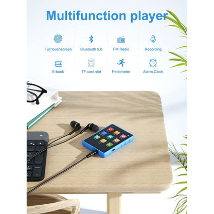 MP3 Player 32 Gb cu Bluetooth 5.0, touchscreen 2,4 inch, sunet HiFI, difuzor, Radio FM, portabil, accepta card pana la 128 Gb, albastru