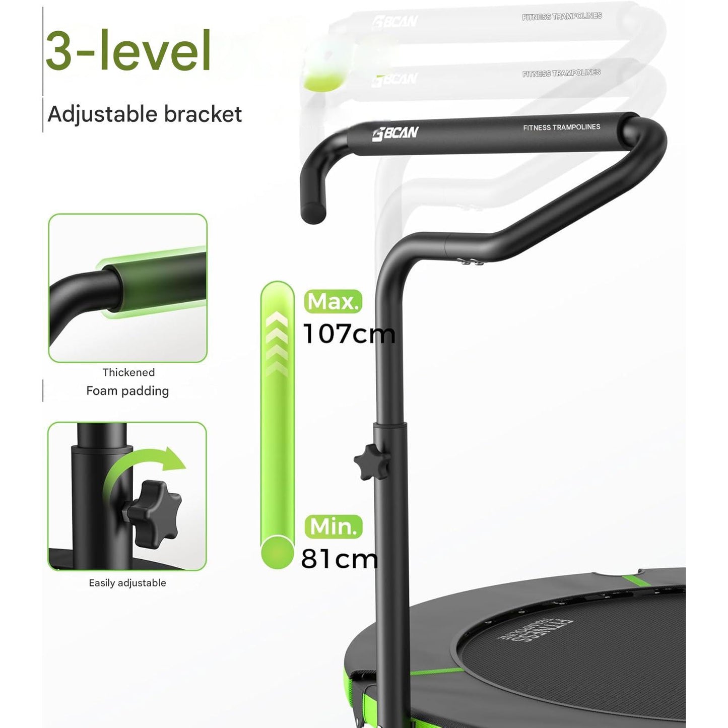 Trambulina fitness pliabila BCAN 102 cm pentru interior, capacitate maxima 150 kg, 32 arcuri ranforsate, cadru metalic stabil, ghidon reglabil cu maner din spuma, sistem anti-rasturnare, trambulina pentru exercitii cardio si fitness