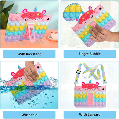 Husa pentru Samsung Galaxy Tab A8 10.5 inch SM-X200/X205/X207, 2021, cu Push Pop Fidget, din silicon, lavabila, cu curea ajustabila si suport, pentru copii, multicolora