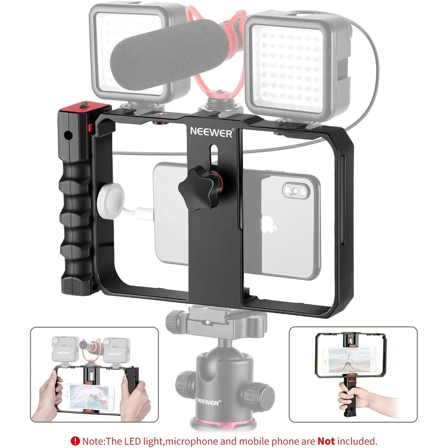 Cadru video rig pentru smartphone cu filet 1/4, utilizare orizontala sau verticala, montare trepied, din Aluminiu prelucrat CNC, pentru iPhone 11 Pro, 11 Pro Max, X, Xs, Huawei, Samsung