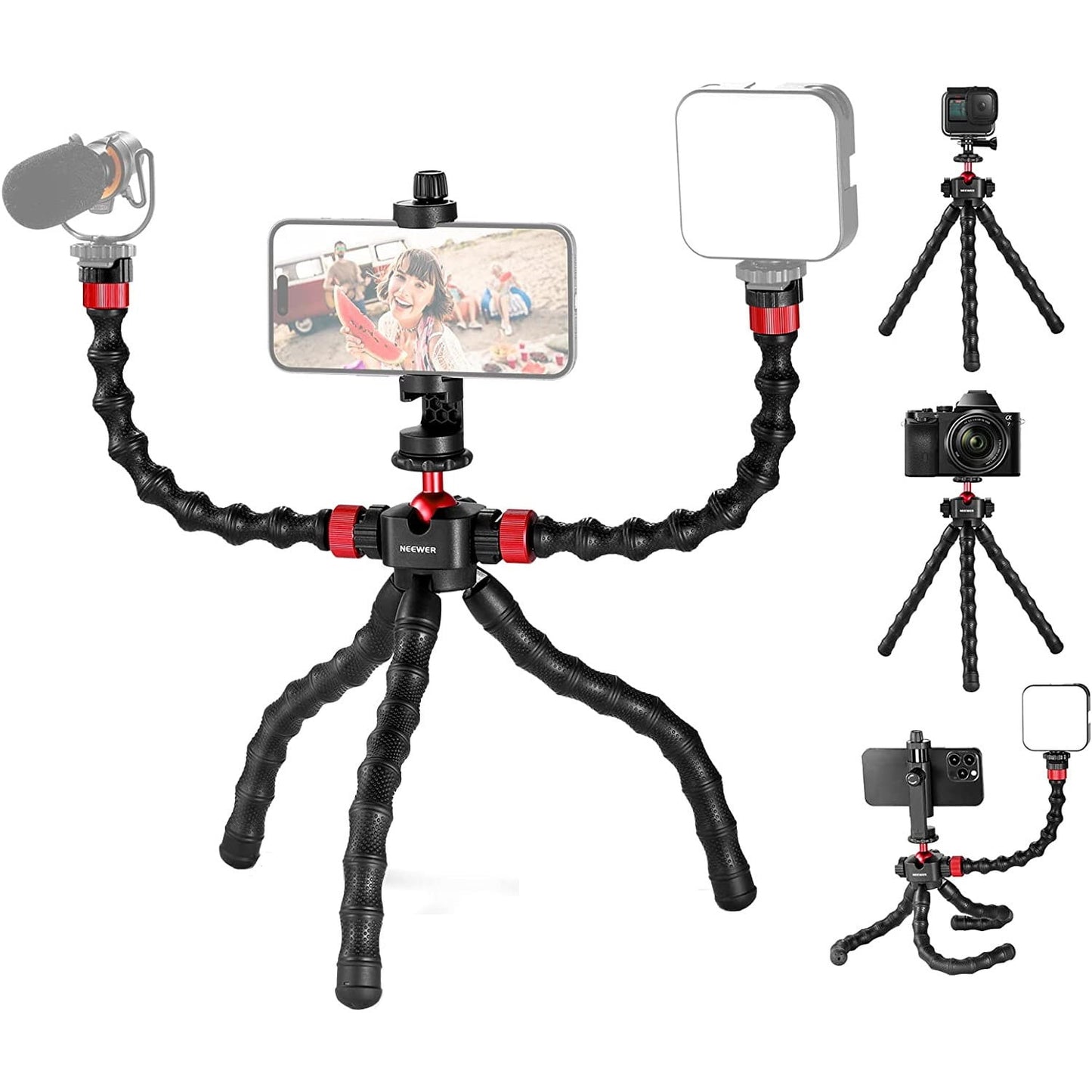 Trepied flexibil cu 2 brate detasabile cu montura cold shoe, cu telecomanda, montura cap rotativ tip bila, sarcina maxima 2 kg, pentru smartphone, video streaming, vlog, inregistrare