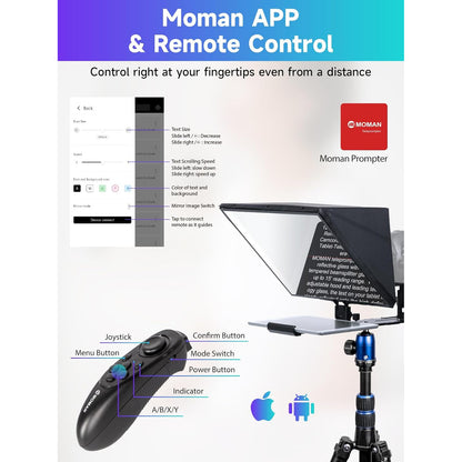 Kit teleprompter de 16 inch, Moman MT16, pentru camere DSLR, cu telecomanda, compatibil cu iPad, tableta, smartphone cu aplicatie, din metal, cu montura 1/4 inch si geanta de depozitare si transport