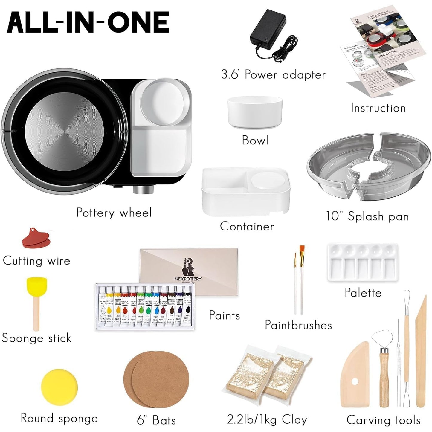 Roata de olar electrica, set complet ceramica, 0-200 RPM, functionare silentioasa <60 dB, cu 1 kg lut si accesorii (unelte, vopsea, pensule), tava detasabila, pentru incepatori si profesionisti, DIY, negru
