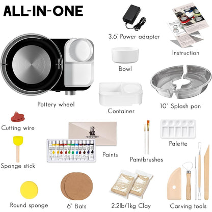 Roata de olar electrica, set complet ceramica, 0-200 RPM, functionare silentioasa <60 dB, cu 1 kg lut si accesorii (unelte, vopsea, pensule), tava detasabila, pentru incepatori si profesionisti, DIY, negru