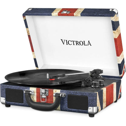 Pick-up tip servieta cu Bluetooth 5.0, difuzoare incorporate, AUX, cu 3 viteze, design steag britanic, Victrola VSC-550BT