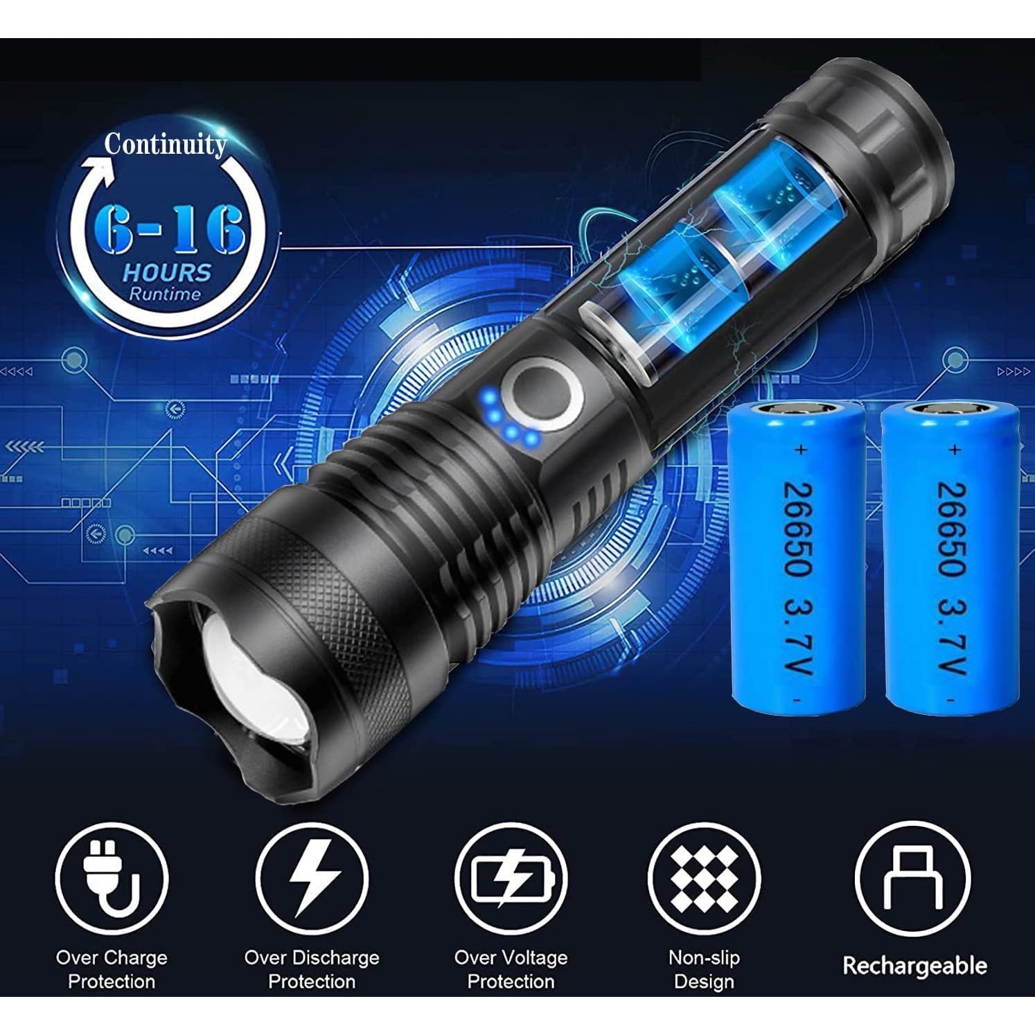 Lanterna tactica LED 30.000 lumeni, reincarcabila, cu baterie de 6800 mAh, 5 moduri iluminare, impermeabila IP67, indicator nivel baterie, din aluminiu
