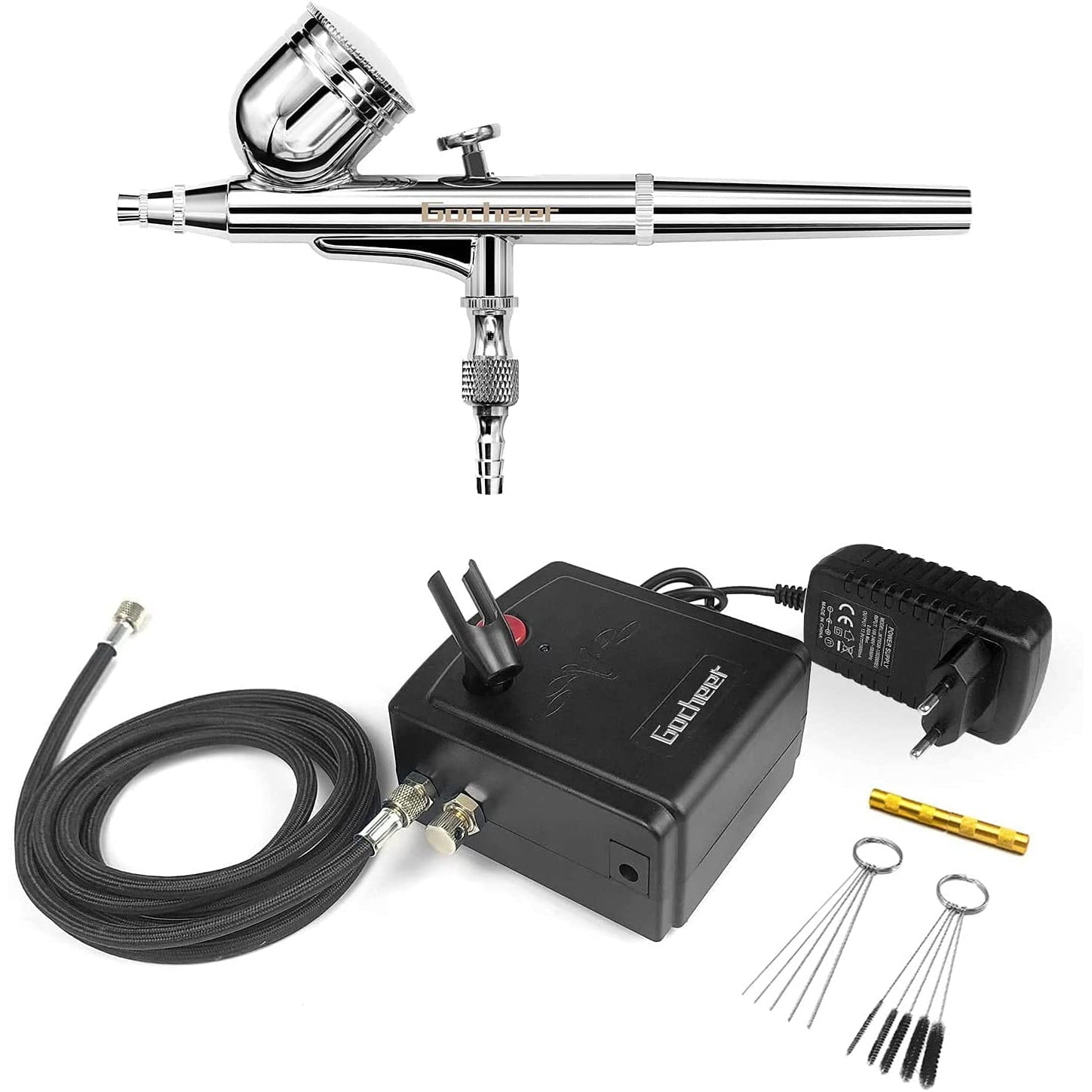 Kit Mini Compresor Aerograf, airbrush cu duza de 0.3 mm, tije de curatare, filtru aer, pentru Manichiura, Pictura corp, Tatuaj semipermanent, Ornare torturi