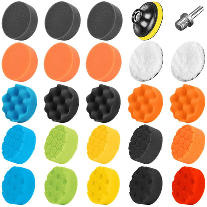 Set de 25 bureti pentru polish 80 mm, cu taler M14 cu discuri de burete si lana, cu adaptor pentru bormasina