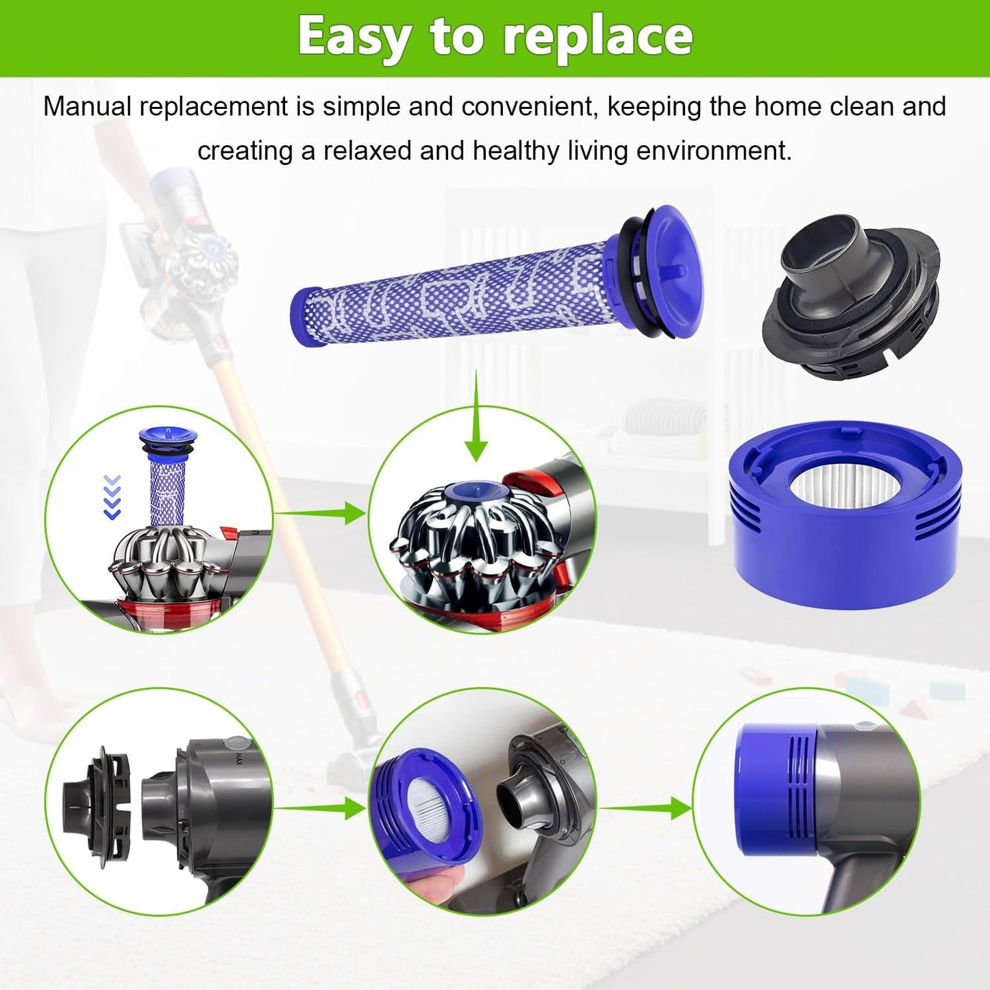 Set filtru HEPA pentru Dyson V7 V8, pre si post motor, lavabile, accesorii aspirator cu capac motor