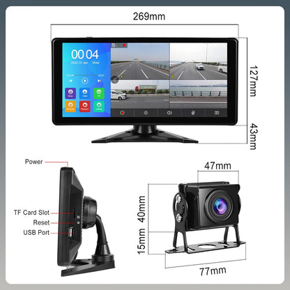 Multimedia player auto cu 4 camere marsarier impermeabile IP67 si nightvision, cu monitor touchscreen de 10, 36 inch, functie split screen, Bluetooth, Transmitator FM, pentru masina, camion, rulota, autocar