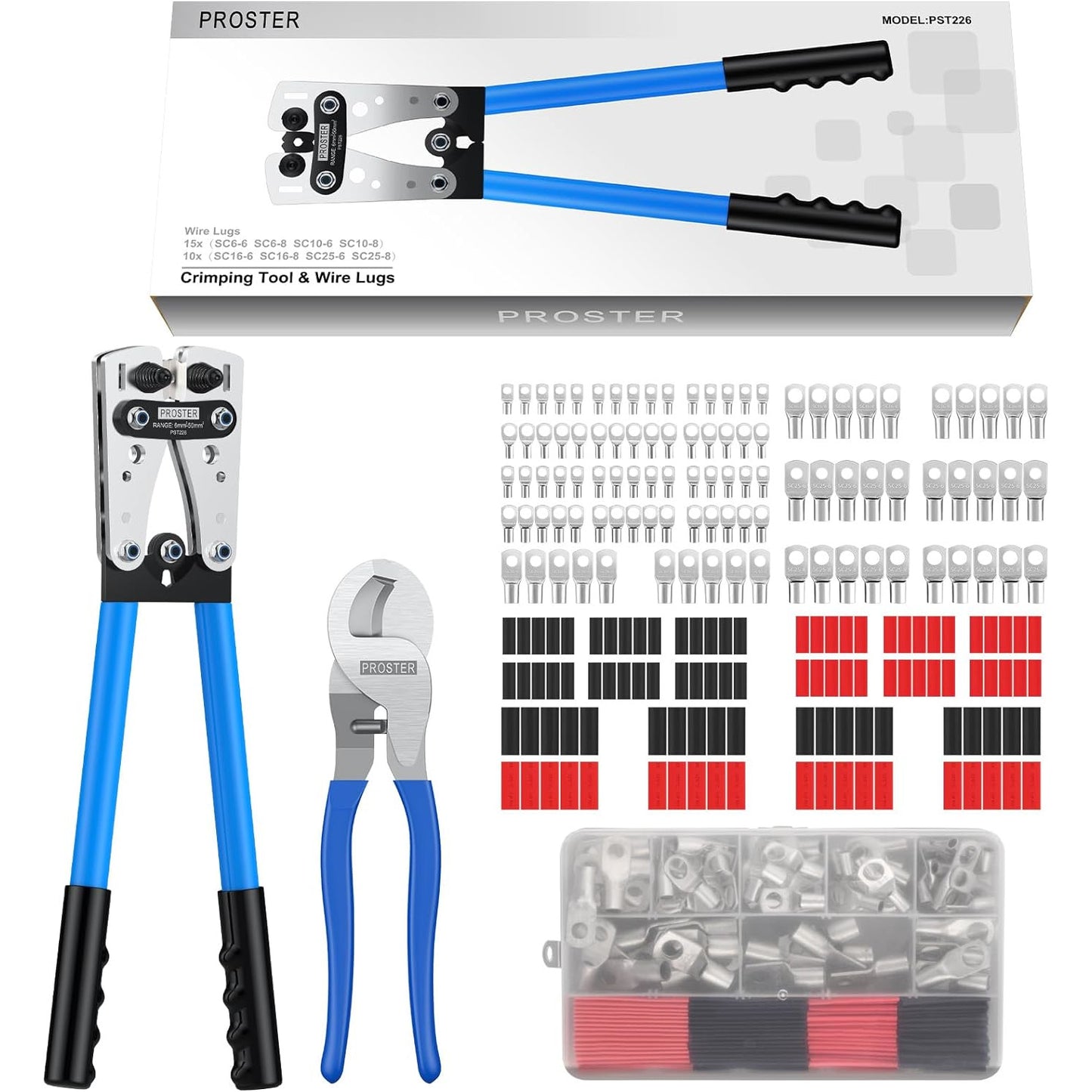 Set cleste de sertizare 6-50 mm² cu 100 bucati terminale AWG 10, 8, 6, 4 SC6-6 - SC25-8, cu cleste de taiat cabluri si tuburi termocontractile, Proster
