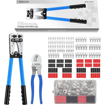Set cleste de sertizare 6-50 mm² cu 100 bucati terminale AWG 10, 8, 6, 4 SC6-6 - SC25-8, cu cleste de taiat cabluri si tuburi termocontractile, Proster