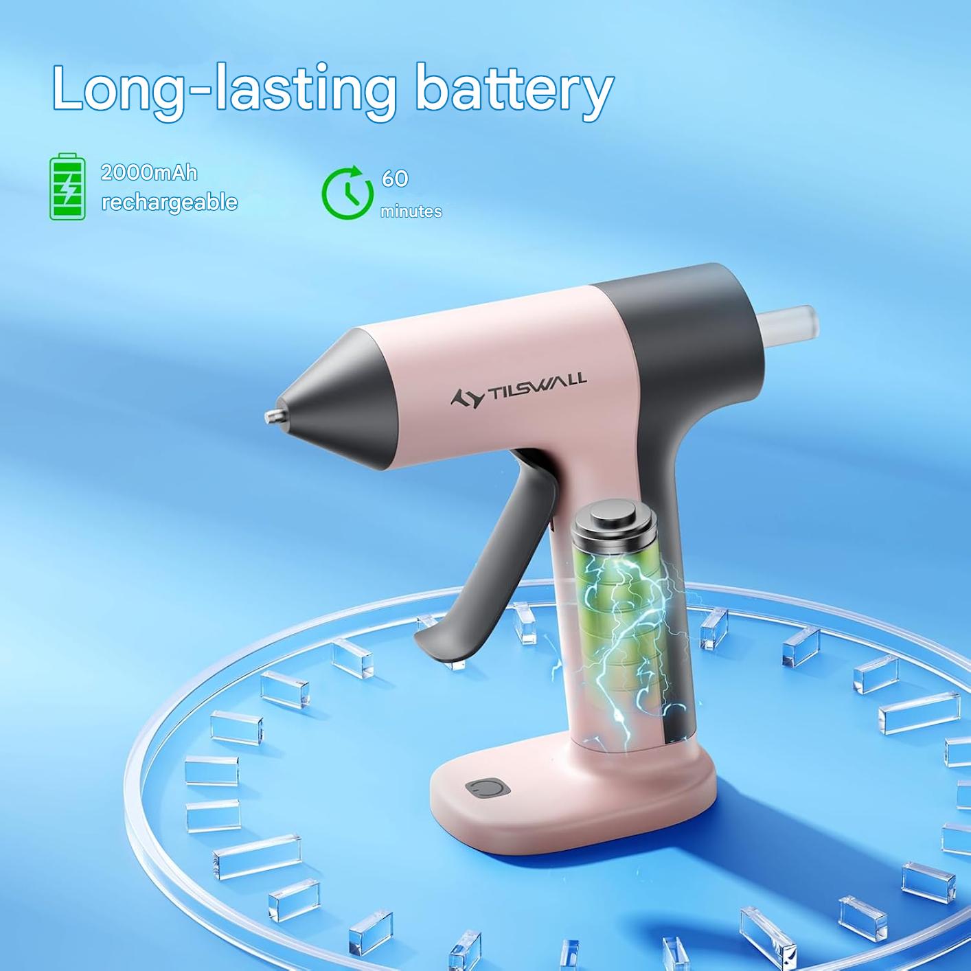 Pistol de lipit fara fir Tilswall, reincarcabil USB-C, incalzire rapida 30s, cu baterie 2000 mAh + 20 bete de lipit 7×140 mm, ideal pentru bricolaj, mestesuguri si reparatii, duza anti-picurare, roz