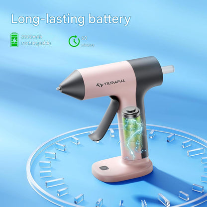 Pistol de lipit fara fir Tilswall, reincarcabil USB-C, incalzire rapida 30s, cu baterie 2000 mAh + 20 bete de lipit 7×140 mm, ideal pentru bricolaj, mestesuguri si reparatii, duza anti-picurare, roz