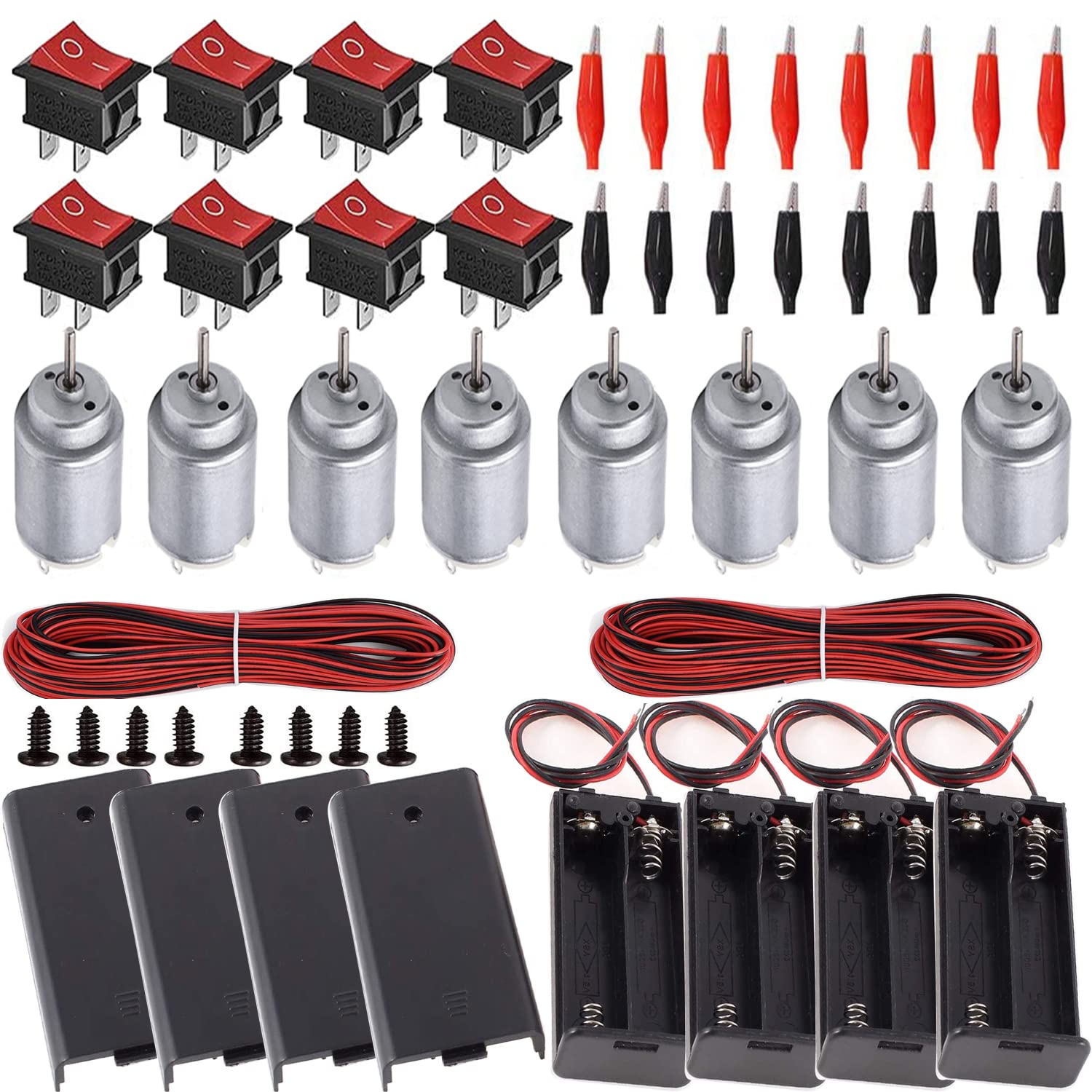 Set de 8 motor DC 1.5V-6V, 15000-16000 RPM, cu 4 carcase cu suport baterie, 16 clesti crocodil izolati, 2 cabluri 22AWG de 1m si 8 intrerupatoare, R340