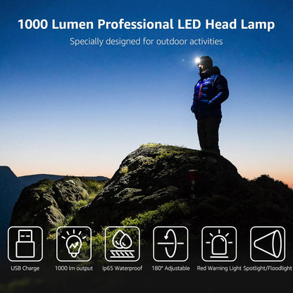 Lanterna frontala reincarcabila Lepro 1000 lumeni, LED detasabil super-luminos, IP65 rezistenta la apa si praf, 6 moduri iluminare cu lumina alba si rosie, autonomie lunga pana la 10h, USB-C inclus, lanterna frontala si lanterna de mana 2 in 1