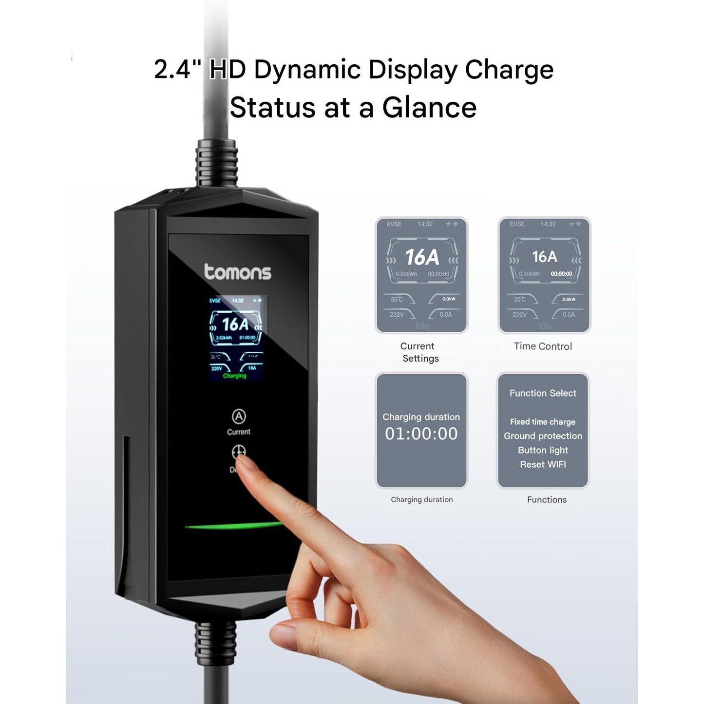 Statie de incarcare portabila EV Tomons 11kW (Mobile Wallbox), Type 2 7m, 400V trifazic 6-16A reglabil, aplicatie Bluetooth, ecran LCD 2.4”, IP65, timer, compatibil Tesla Model 3/Y, VW ID.3/4/5/7