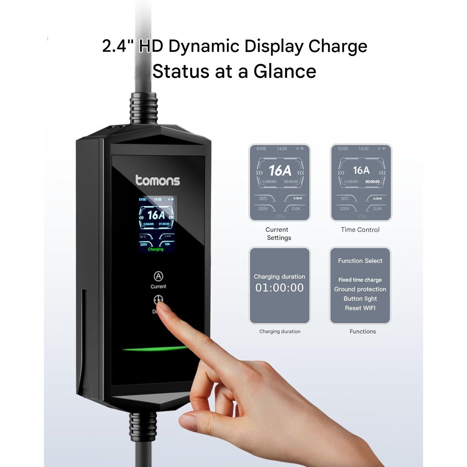 Statie de incarcare portabila EV Tomons 11kW (Mobile Wallbox), Type 2 7m, 400V trifazic 6-16A reglabil, aplicatie Bluetooth, ecran LCD 2.4”, IP65, timer, compatibil Tesla Model 3/Y, VW ID.3/4/5/7