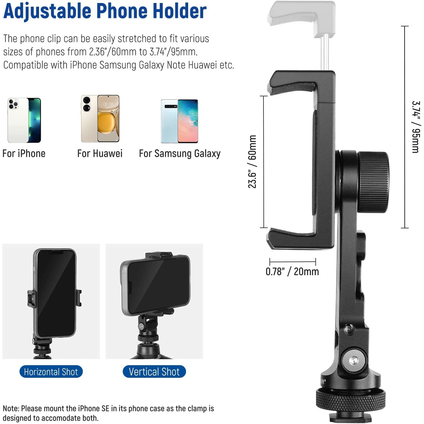 Suport de telefon cu 4 monturi cold shoe si 3 filet de 1/4 inch, rotatie orizontala 360° si inclinare 180° pentru smartphone, streaming, vlogging, inregistrare