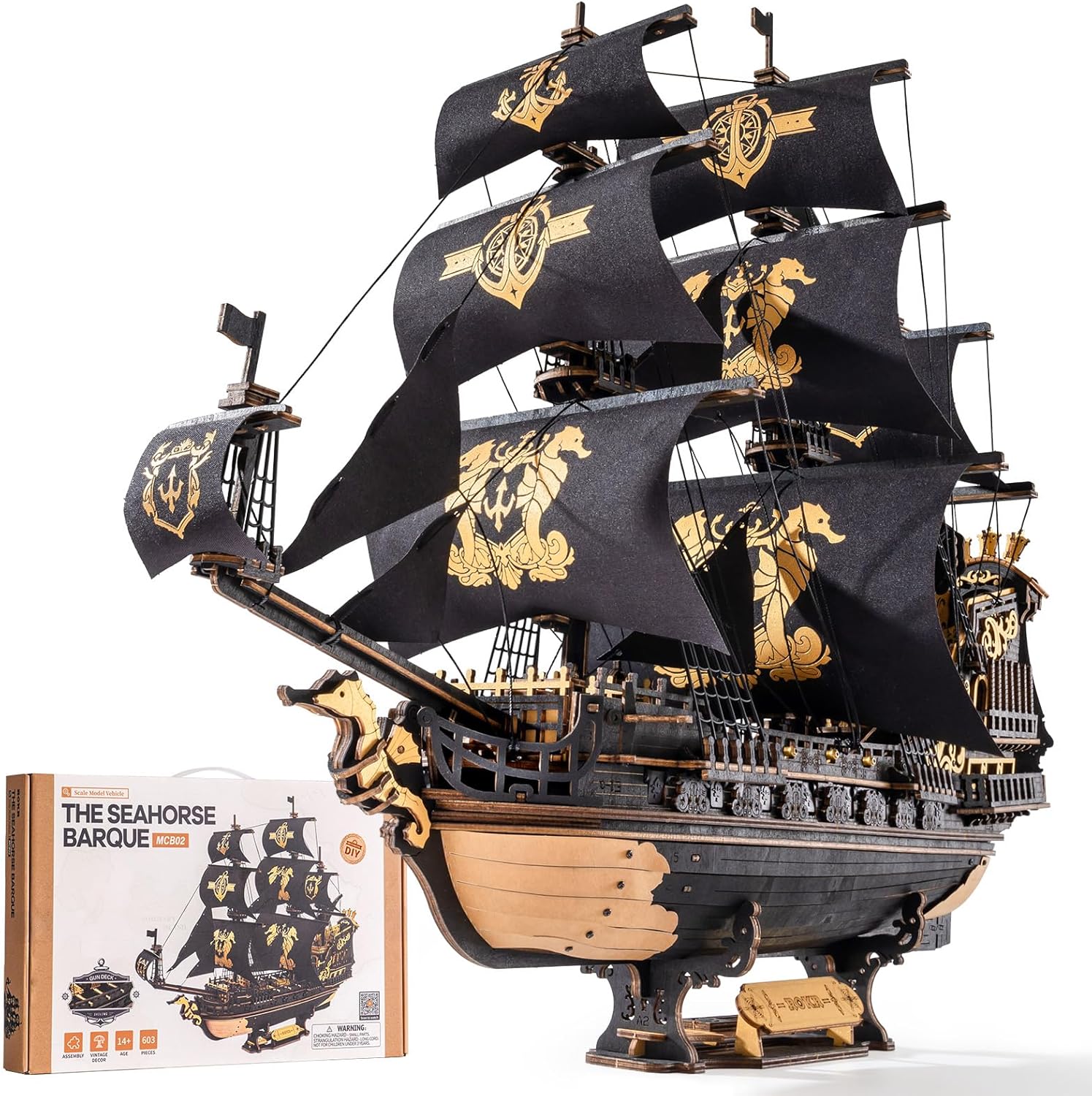 Puzzle 3D din lemn, model de barca cu panze si calut de mare, kit de constructie pentru adulti, decoratiuni artizanale, 603 piese, 47×18×39 cm, cadou special pentru barbati