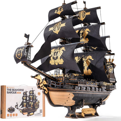 Puzzle 3D din lemn, model de barca cu panze si calut de mare, kit de constructie pentru adulti, decoratiuni artizanale, 603 piese, 47×18×39 cm, cadou special pentru barbati