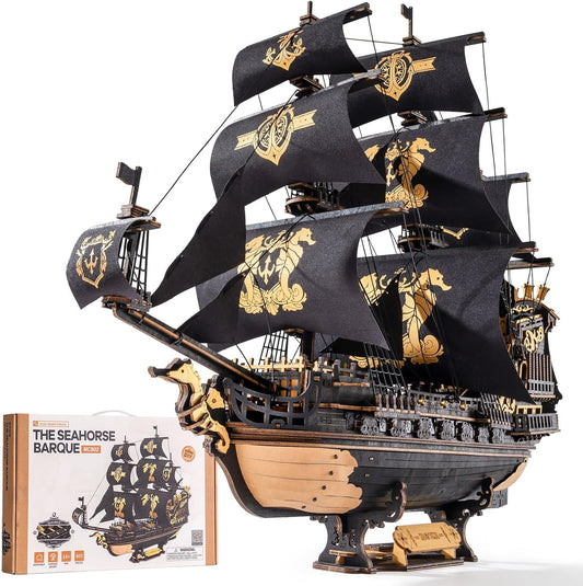 Puzzle 3D din lemn, model de barca cu panze si calut de mare, kit de constructie pentru adulti, decoratiuni artizanale, 603 piese, 47×18×39 cm, cadou special pentru barbati