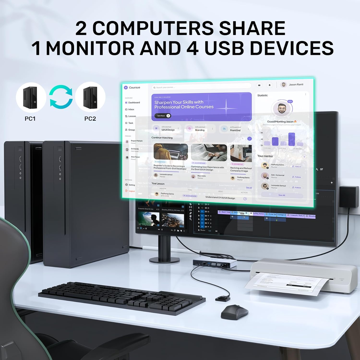 Switch KVM DisplayPort, Hub Adaptor pentru 2 computere si 1 monitor, 8K @ 60Hz, 4 porturi USB, cu controler desktop, 2 cabluri USB si sursa de alimentare