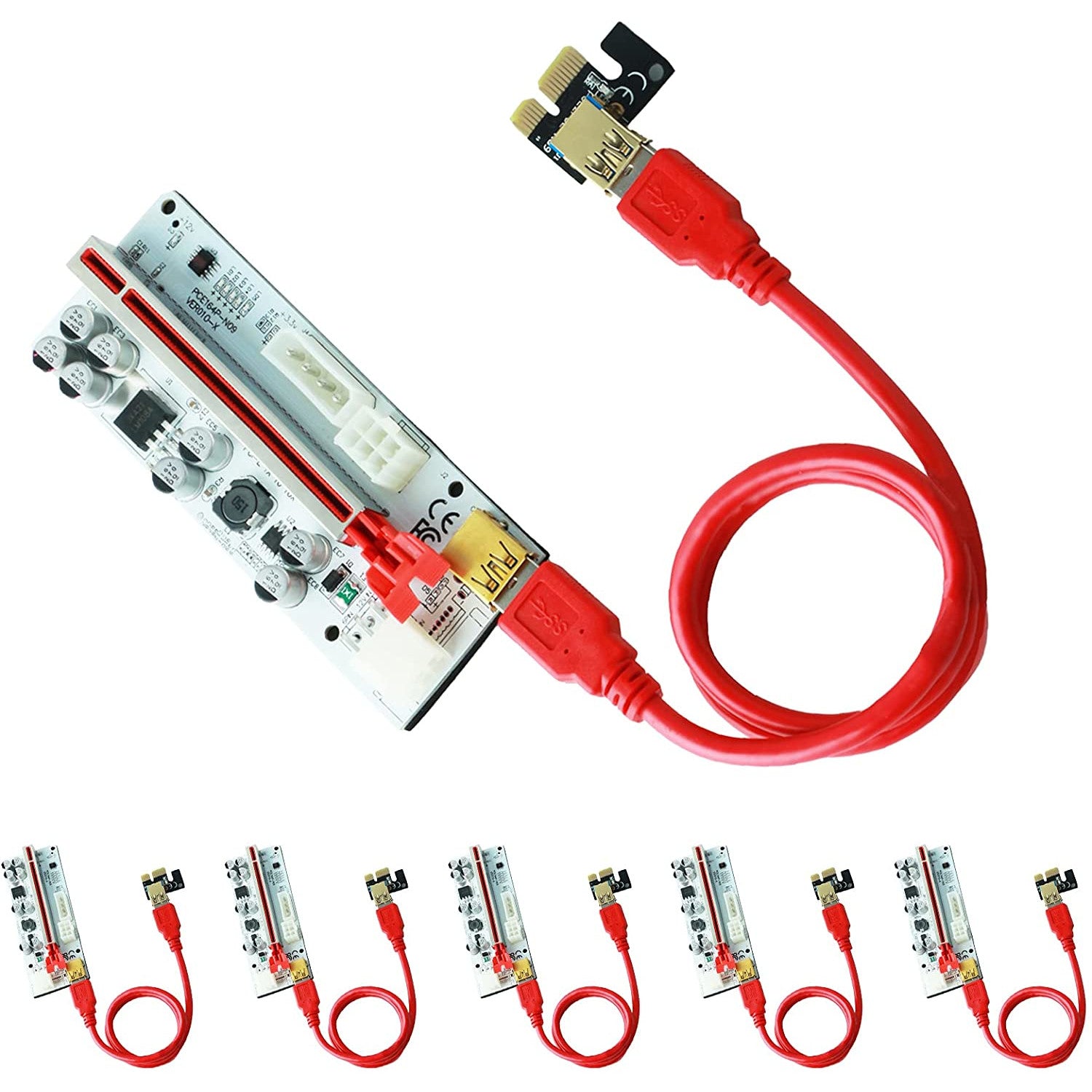 Set de 6 placi PCI-E riser, 1X-16X, 8 capacitori, VER010, minare Bitcoin Litecoin, cu cablu USB 3.0 de 60 cm, alimentare cu 6 pini, SATA, Molex