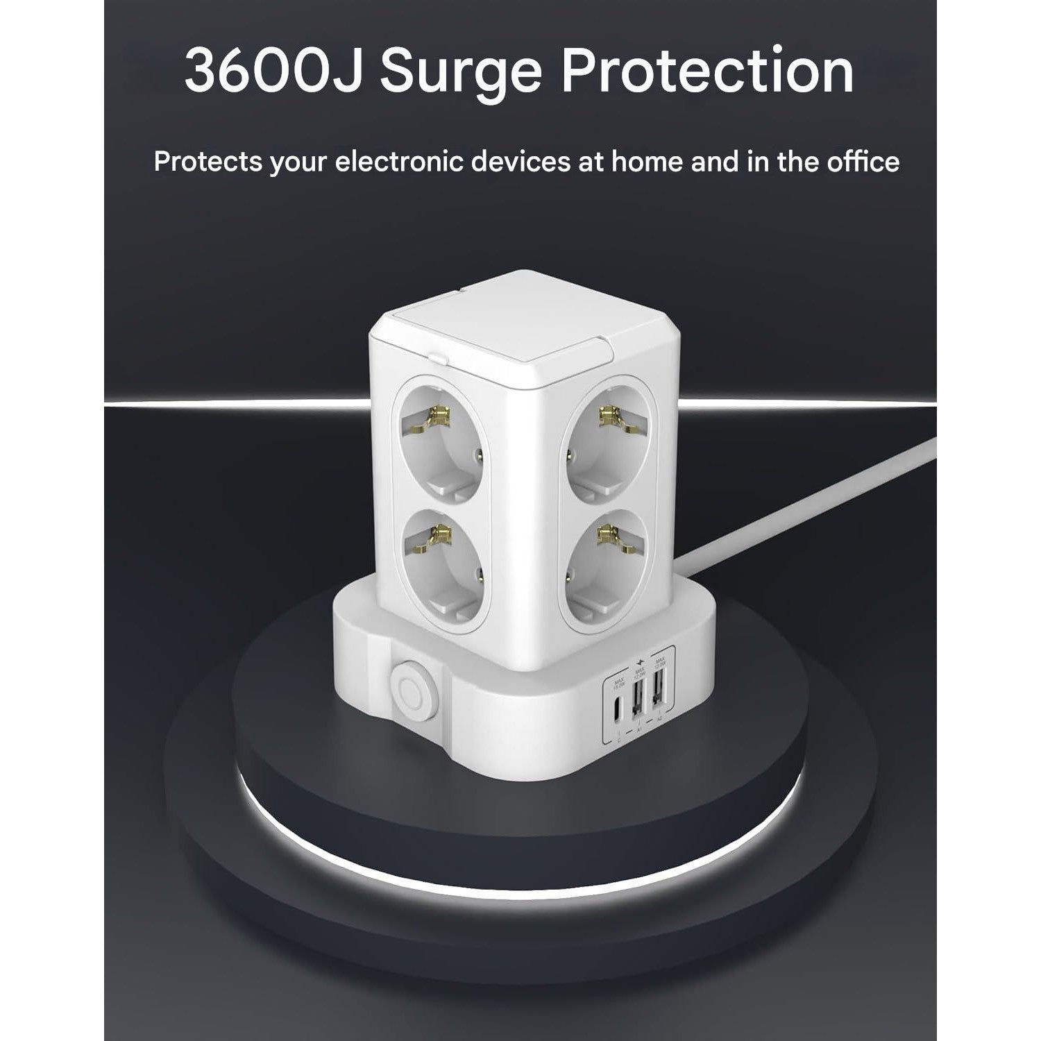 Prelungitor tip turn cu 8 prize si 3 porturi USB, 3680 W 16 A, protectie la supratensiune, indicator LED, cablu de 2m, alb