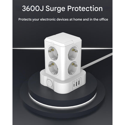 Prelungitor tip turn cu 8 prize si 3 porturi USB, 3680 W 16 A, protectie la supratensiune, indicator LED, cablu de 2m, alb