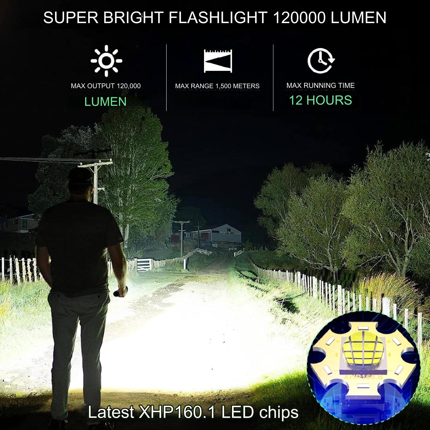 Lanterna tactica LED 120.000 lumeni, chip XHP160, 6 moduri iluminare, acumulator reincarcabil 5000 mAh, impermeabila IP67, functie powerbank, indicator nivel baterie, cu toc lanterna