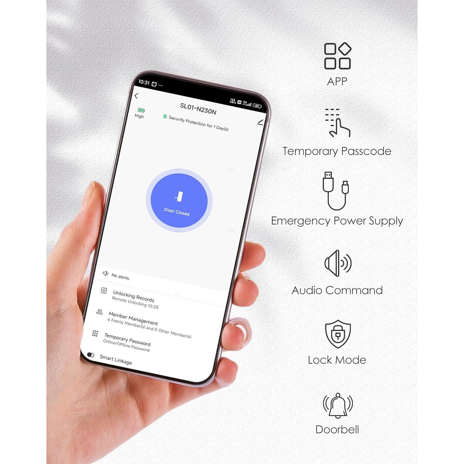 Incuietoare inteligenta, Yala WiFi smart cu aplicatie, amprenta, cod PIN, cartela de acces IC, cheie, sonerie, cod de acces temporar, neagra