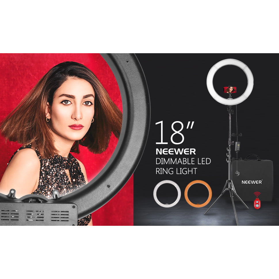 Set lampa circulara LED ring light 18 inch 55W 5500K, dimabil 1-100% cu trepied reglabil, filtre de culoare portocaliu si alb, suport telefon, adaptor cap trepied, telecomanda Bluetooth