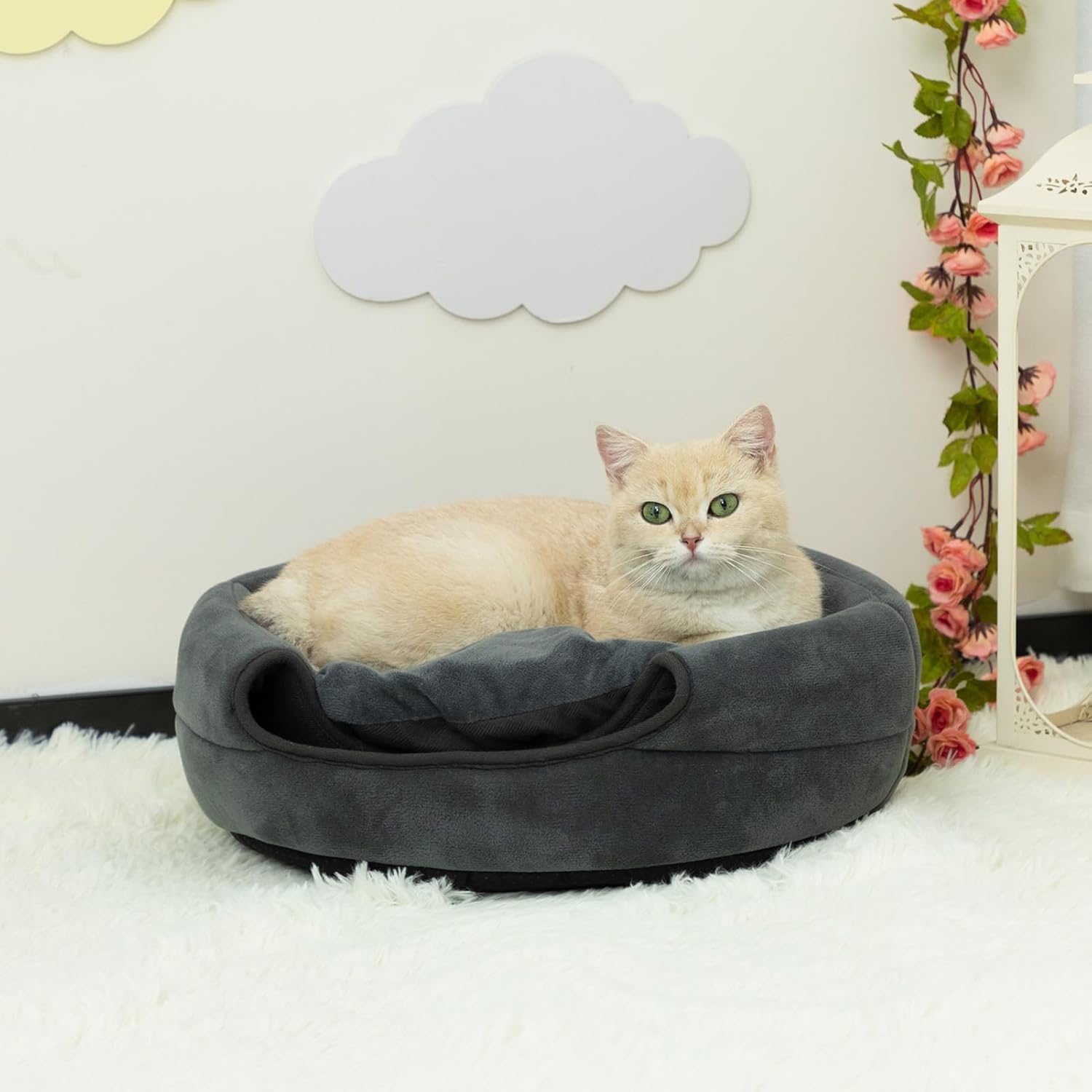 Patut caini si pisici 2 in 1, culcus pliabil pentru animale de companie mici, forma casuta si pat, din bumbac si tesatura de catifea, gri, marimea S