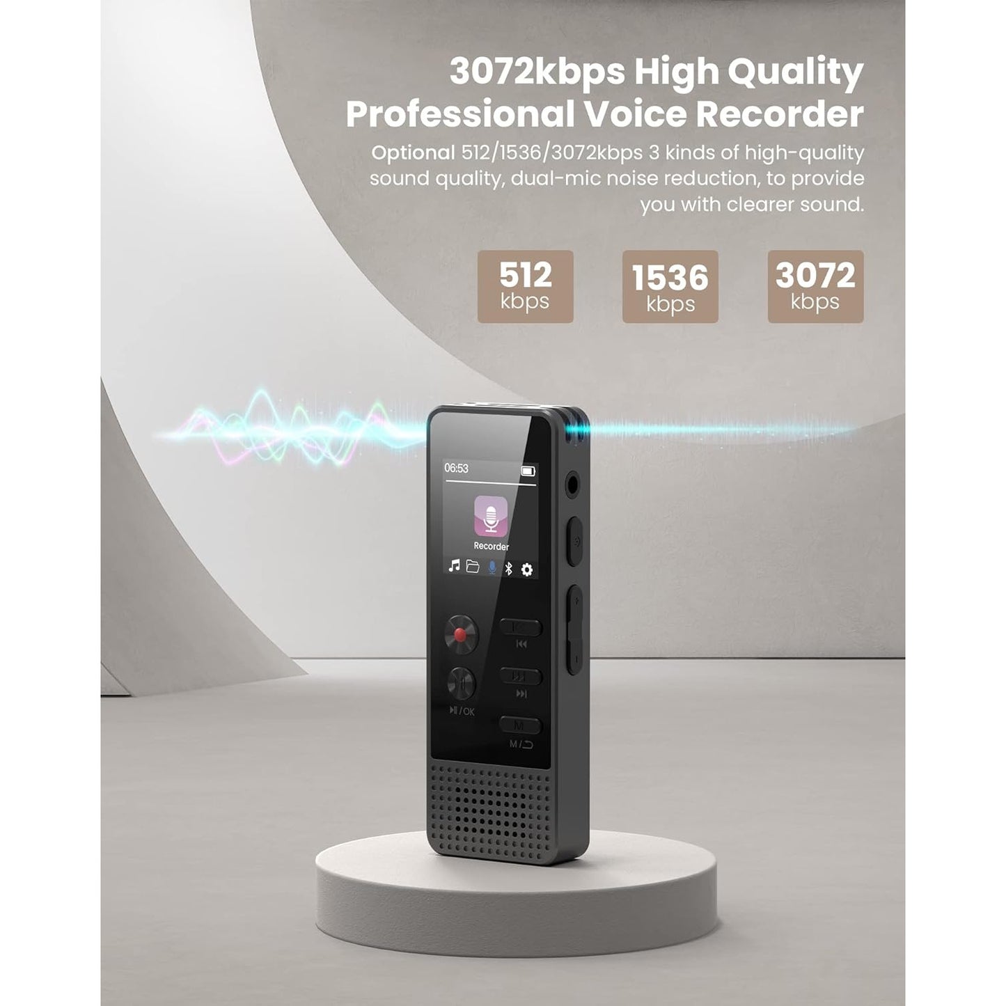 Reportofon digital 64 GB, microfon dublu cu functie reducere zgomot, inregistrare activata prin voce, 3072 Kbps, inregistrare apeluri, capacitate 100 ore, baterie 1000 mAh, dictafon cu difuzor incorporat