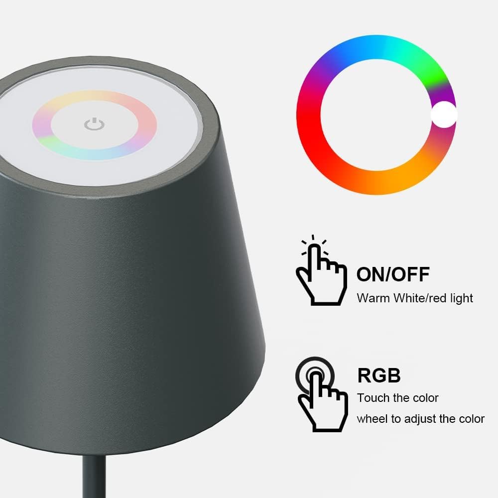 Lampa de masa LED RGB cu statie de incarcare, buton cu touch, dimabila, impermeabila IP54, pentru interior si exterior, hotel, restaurant, terasa, casa, gradina