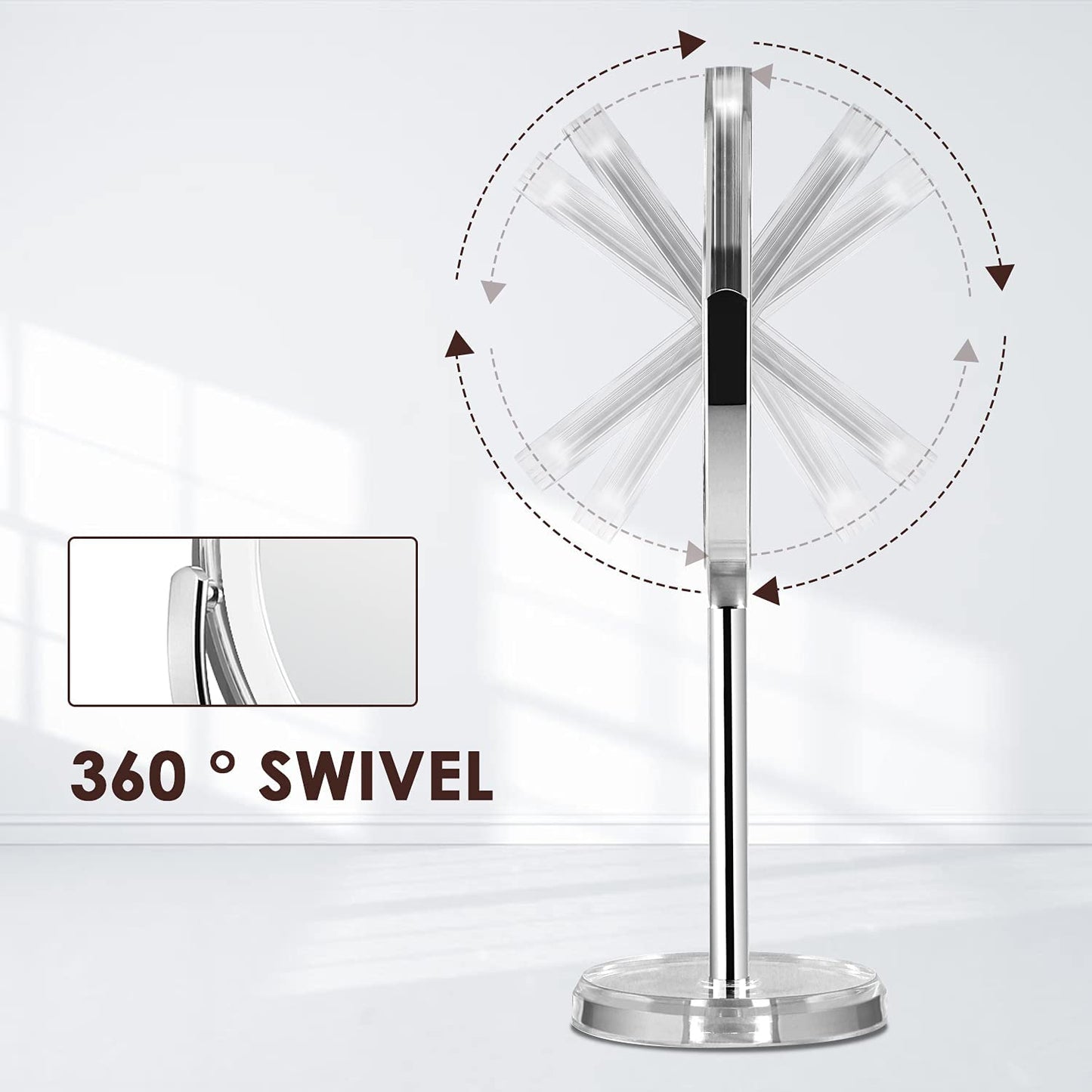 Oglinda cosmetica cu marire 10X, pivotare 360°, 131 mm, din metal, finisaj cromat, cu ventuze, Auxmir