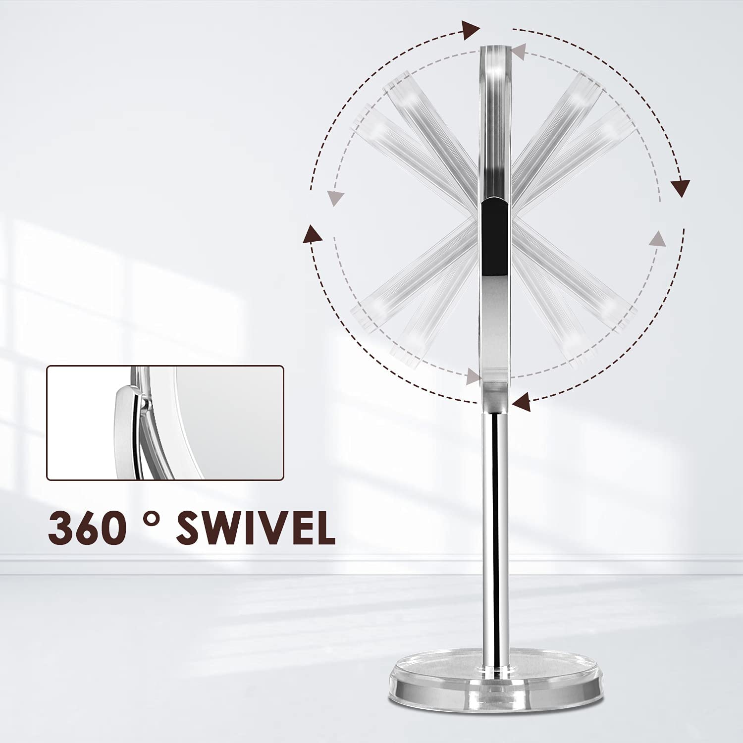 Oglinda cosmetica cu marire 10X, pivotare 360°, 131 mm, din metal, finisaj cromat, cu ventuze, Auxmir