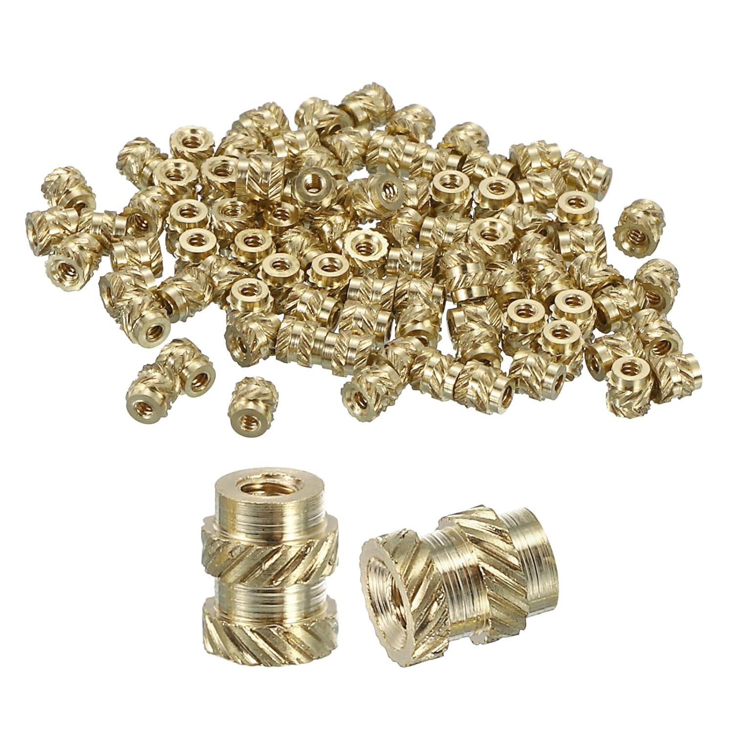 Insertii filetate din alama QUARKZMAN M1 x 0.25, Ø2 x 2.5 mm, set 100 buc, piulite moletate termofixabile, heat set inserts pentru plastic si imprimare 3D, filet metric interior, montaj prin caldura sau ultrasunete, rezistente la coroziune