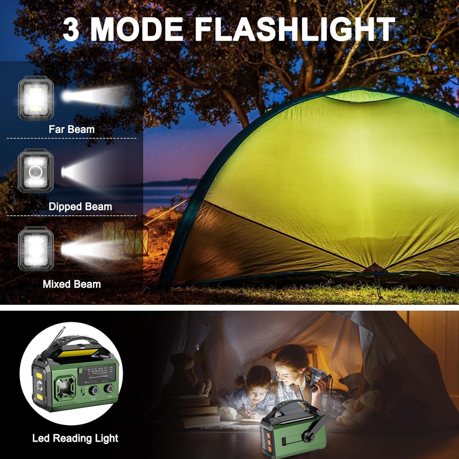 Radio portabil de urgenta cu manivela si panou solar, 27000 mAh, FM/AM, lanterna LED, alarma SOS, busola, functie power bank, USB-C, Bluetooth, verde