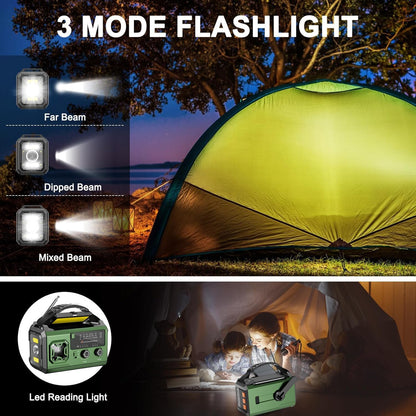 Radio portabil de urgenta cu manivela si panou solar, 27000 mAh, FM/AM, lanterna LED, alarma SOS, busola, functie power bank, USB-C, Bluetooth, verde