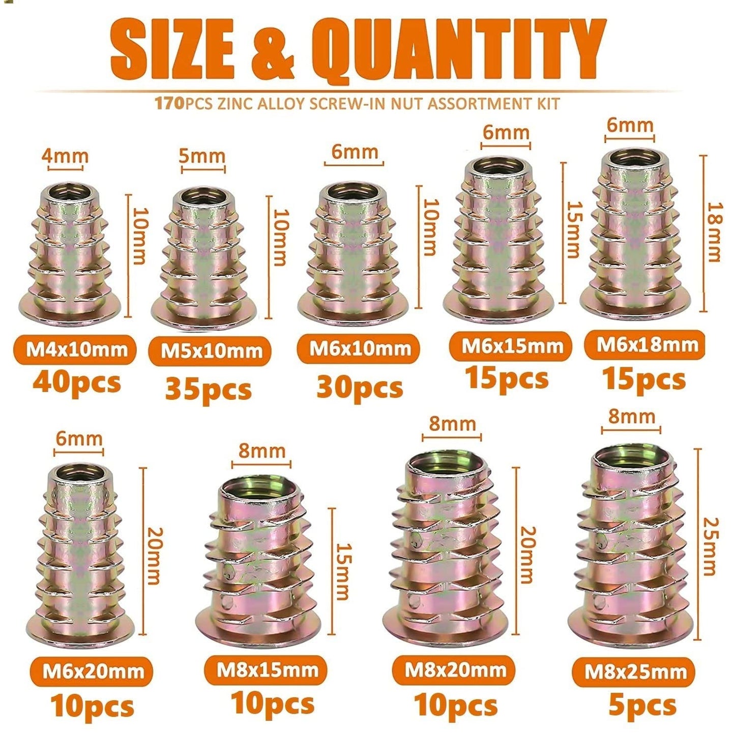Set 170 piulite, cap haxagonal, M4 M5 M6 M8, din aliaj de zinc, pentru lemn