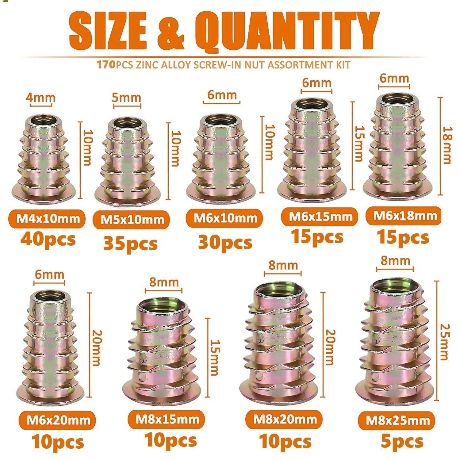 Set 170 piulite, cap haxagonal, M4 M5 M6 M8, din aliaj de zinc, pentru lemn
