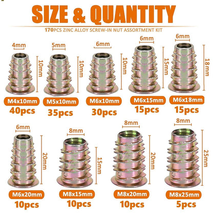 Set 170 piulite, cap haxagonal, M4 M5 M6 M8, din aliaj de zinc, pentru lemn