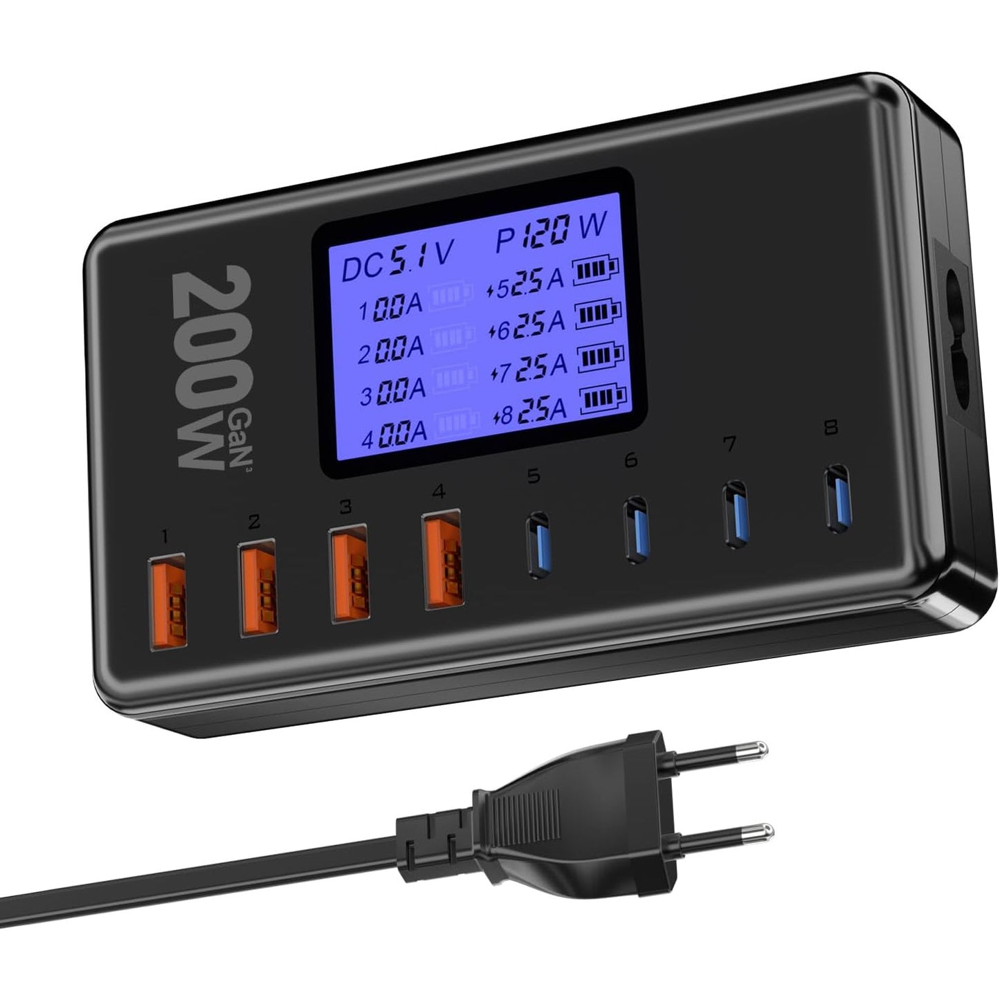 Incarcator retea GaN 200W cu 4 porturi USB-C, 4 porturi USB-A, incarcare rapida PD/PPS/QC, display LED, pentru iPhone, Ipad, Android